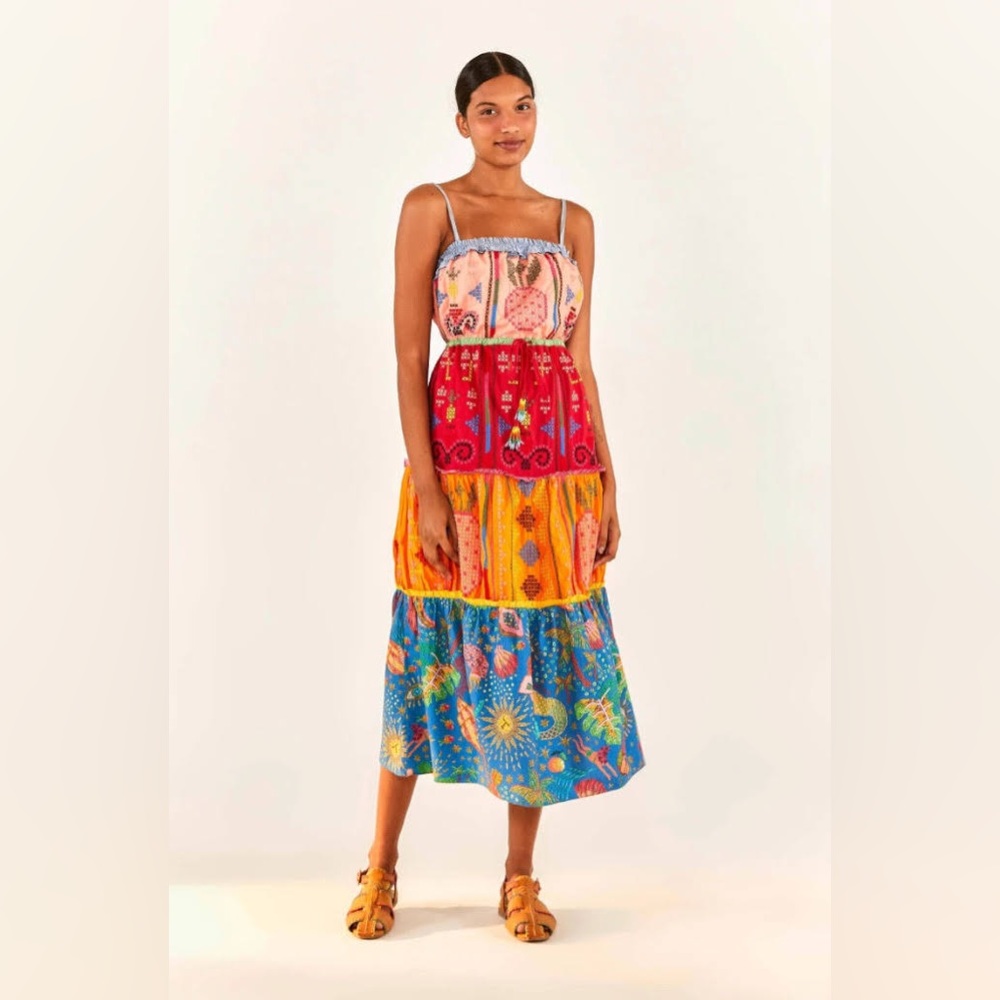 NWT Farm Rio tiered dress. Color blocking embroidered midi dress. Color: multi
